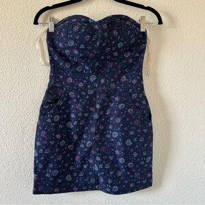 Twenty One Women’s Strapless Denim Dress Small Blue Floral Print Pockets Cowgirl